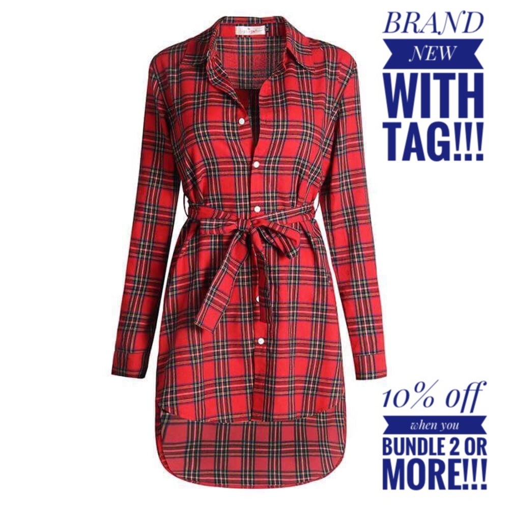 Plaid Red Cotton Wrap Dress  Shirt Dress